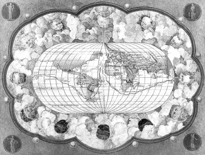 最早标出麦哲伦环球航行线路的世界地图（约绘于1542年）。