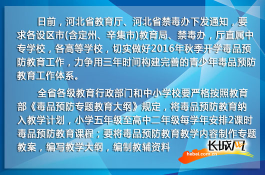 河北将毒品预防教育纳入教学计划。